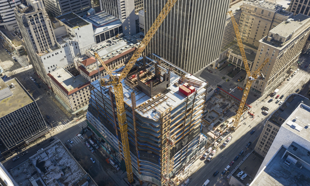 Steel core and crane aerial view of Rainier Square